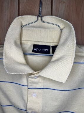 Puritan Cream Polo with Thin Blue Stripes - Men's Short Sleeve